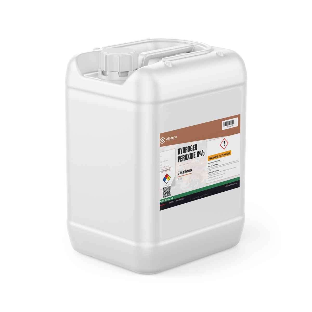 Hydrogen Peroxide 6% ACS Grade in a white plastic 5-gallon jerry can, Alliance Chemical