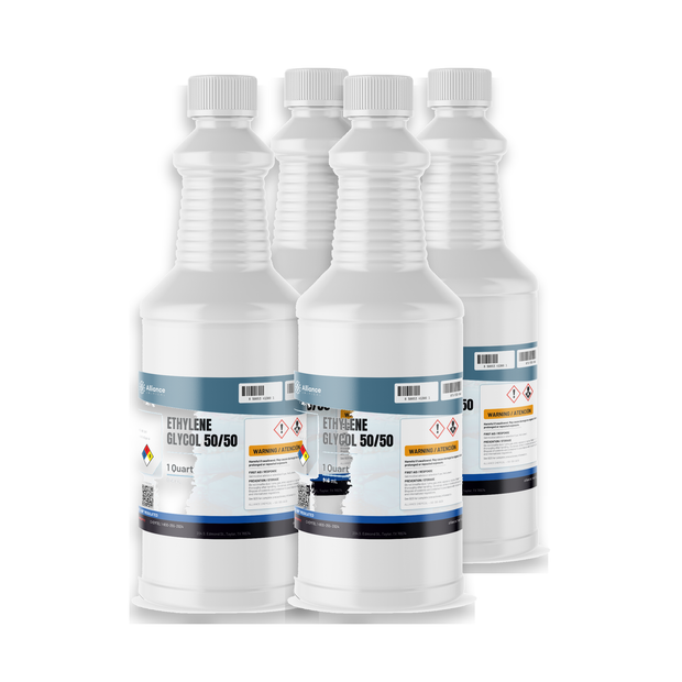 Ethylene Glycol 50/50, Technical Grade solution, in four 1-quart white plastic bottles from Alliance Chemical