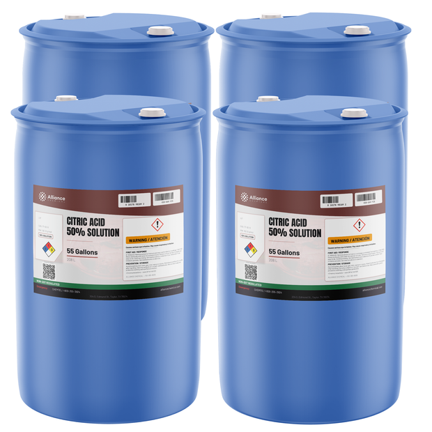 Citric Acid 50% Solution, four 55-gallon blue poly drums from Alliance Chemical for industrial descaling and metal cleaning