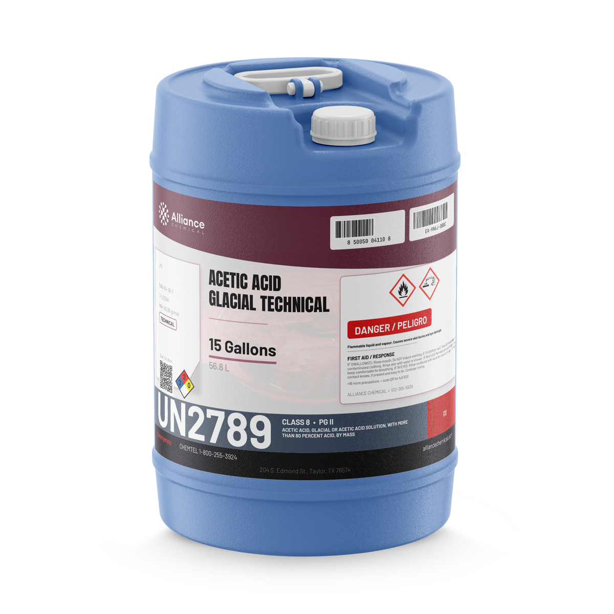 Acetic Acid Glacial Technical Grade in a blue 15-gallon carboy from Alliance Chemical for chemical synthesis