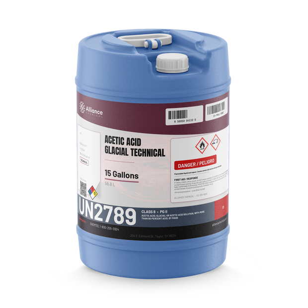 Acetic Acid Glacial Technical Grade in a blue 15-gallon carboy from Alliance Chemical for chemical synthesis