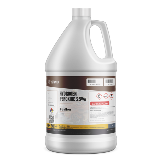 Hydrogen Peroxide 25% ACS Reagent Grade 1-gallon jug from Alliance Chemical for chemical synthesis and textile bleaching