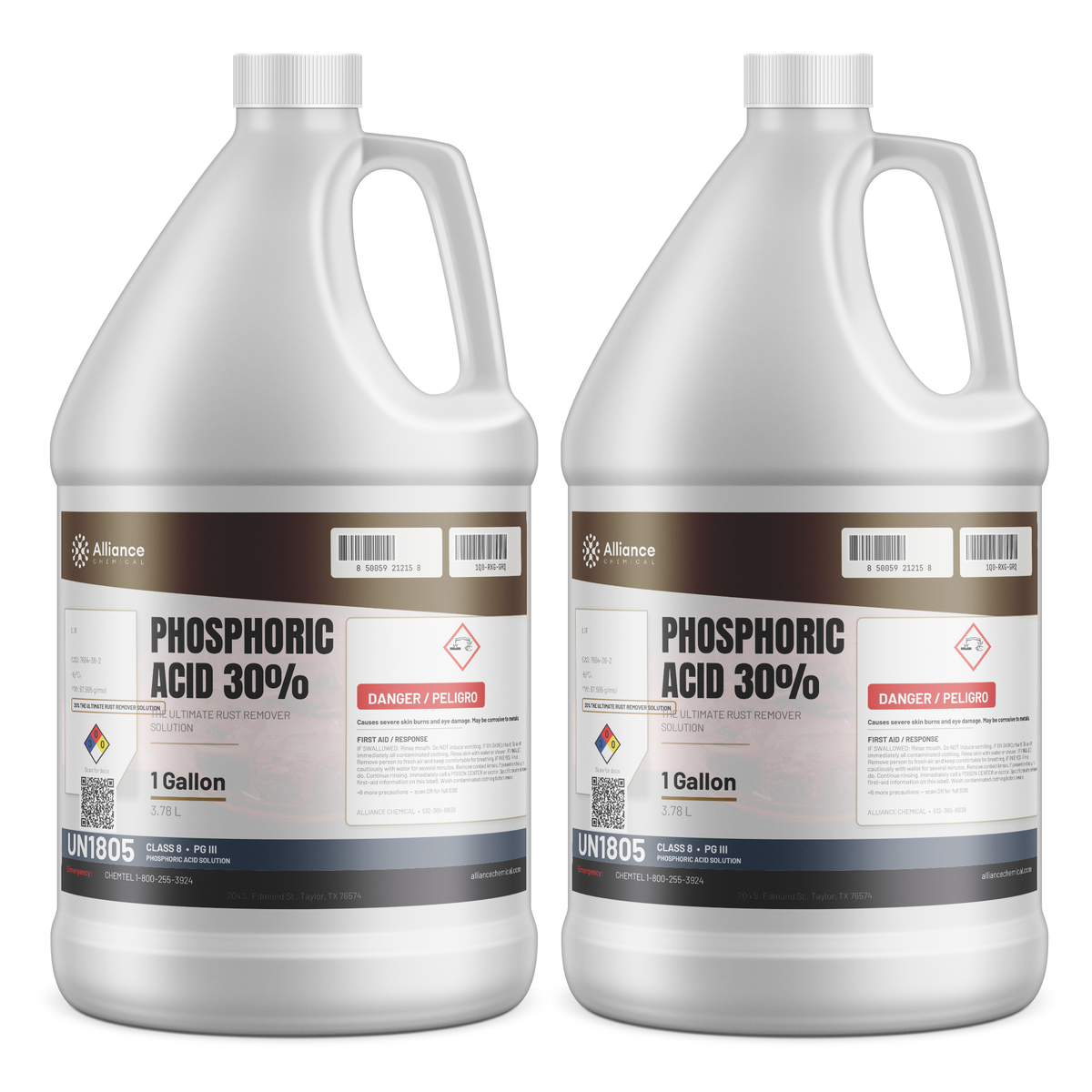 Phosphoric Acid 30% Technical Grade in two 1-gallon plastic jugs, Alliance Chemical for rust removal