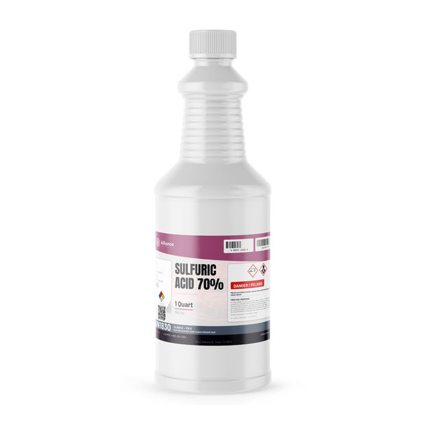 Sulfuric Acid 70% Technical Grade 1-quart plastic bottle for industrial wastewater treatment, Alliance Chemical