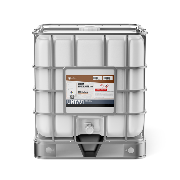 Sodium Hypochlorite 2% Technical Grade in a 330-gallon caged IBC tote, Alliance Chemical