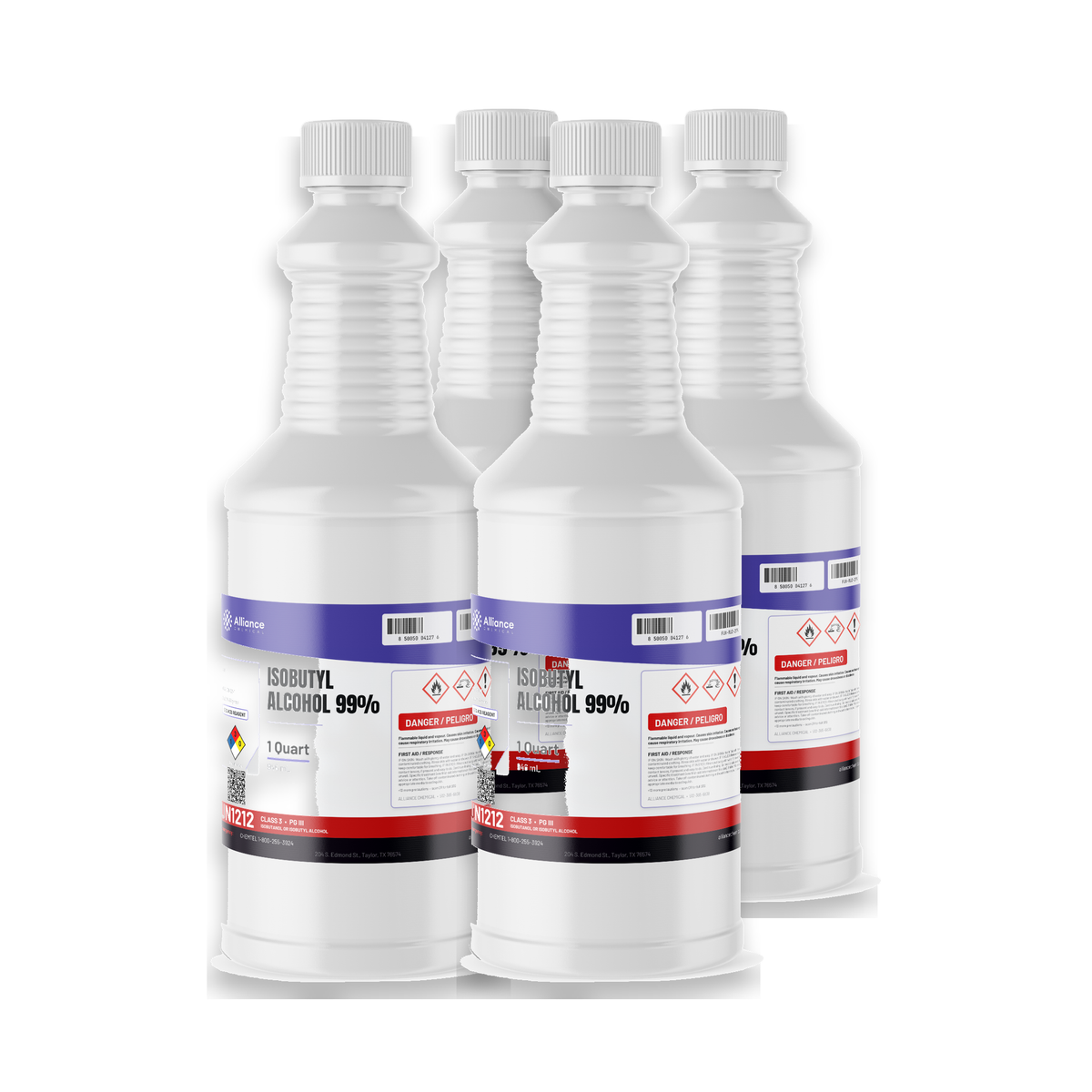 Isobutyl Alcohol 99% ACS Grade in four 1-quart plastic bottles, Alliance Chemical
