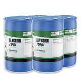 Glycerin 75% Food Grade in four 55-gallon blue plastic drums, Alliance Chemical