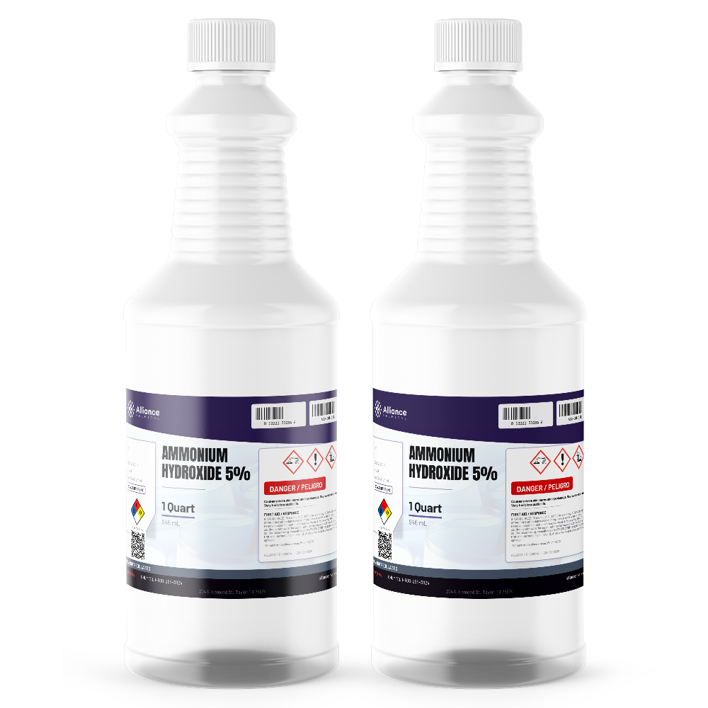 Ammonium Hydroxide 5% ACS Grade packaged in two 1-quart plastic bottles, Alliance Chemical