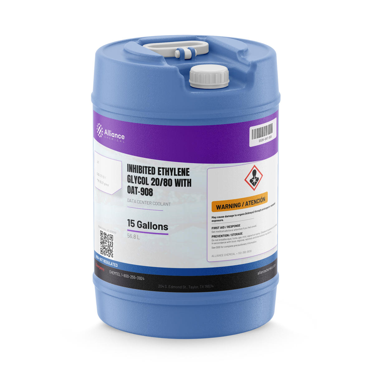 Inhibited Ethylene Glycol 20/80 (20% EG) OAT-908 data center coolant, 15-gallon drum - Alliance Chemical