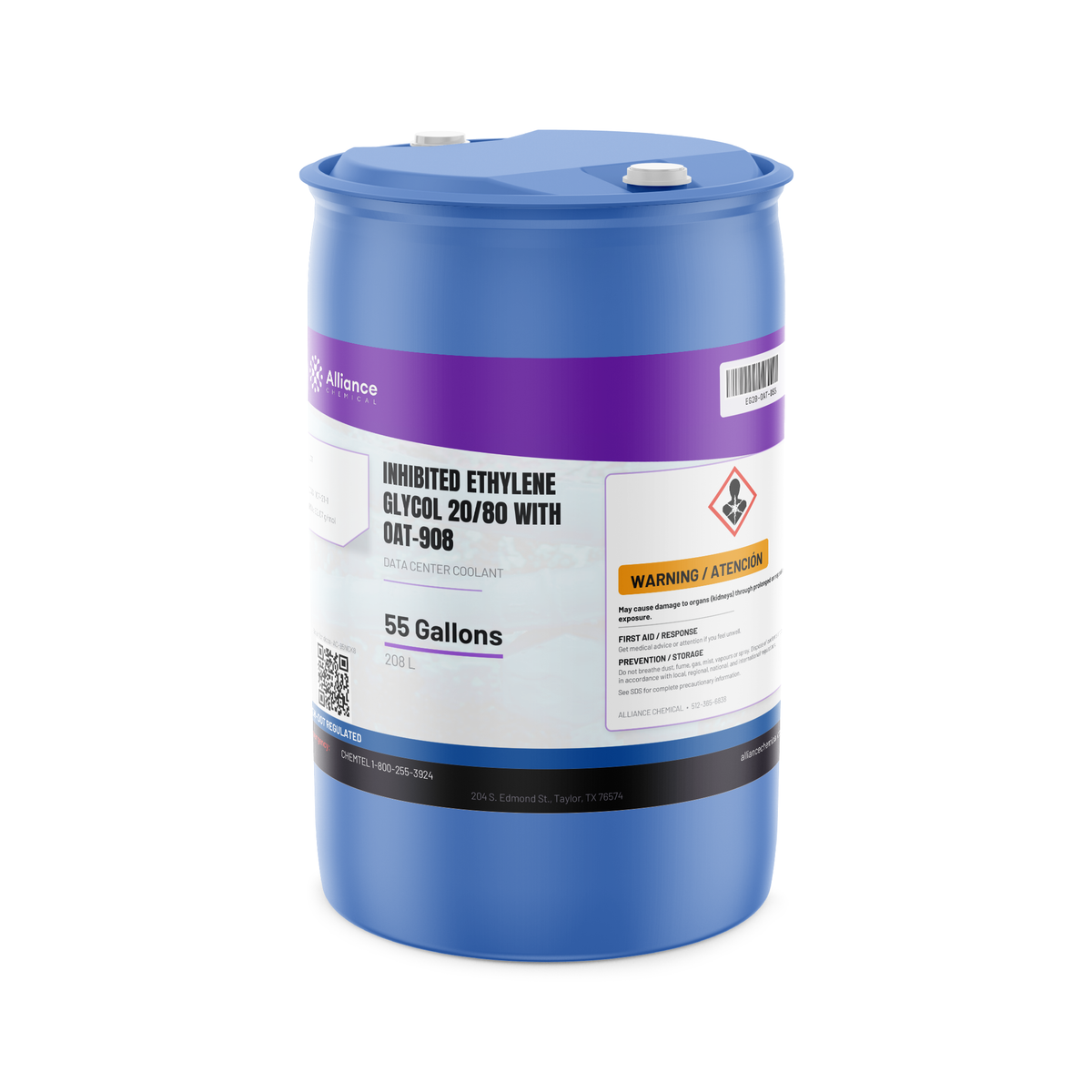 Inhibited Ethylene Glycol 20/80 (20% EG) OAT-908 data center coolant, 55-gallon drum - Alliance Chemical