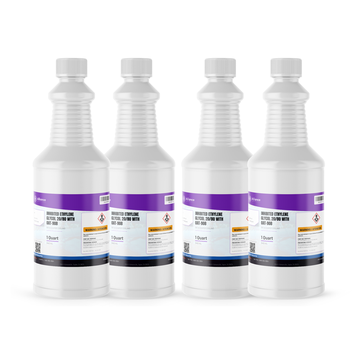 Inhibited Ethylene Glycol 20/80 (20% EG) OAT-908 data center coolant, four 1-quart bottles - Alliance Chemical