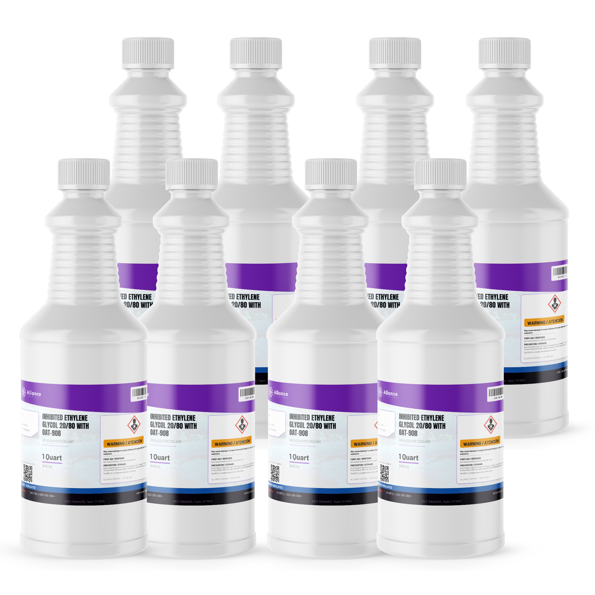 Inhibited Ethylene Glycol 20/80 (20% EG) OAT-908 data center coolant, eight 1-quart bottles - Alliance Chemical