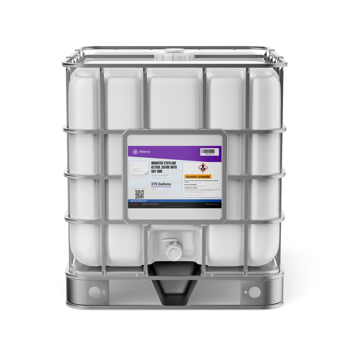 Inhibited Ethylene Glycol 20/80 (20% EG) OAT-908 data center coolant, 275-gallon IBC tote - Alliance Chemical