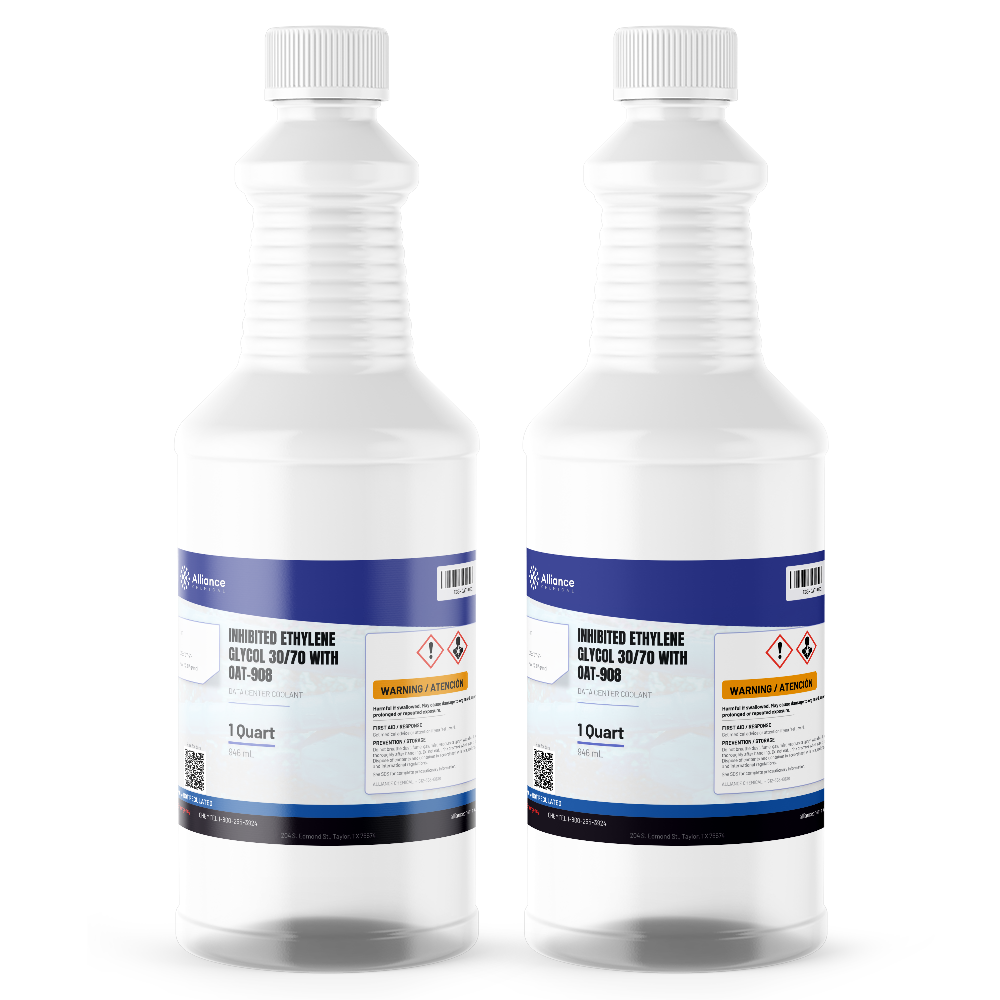 Inhibited ethylene glycol 30/70 with OAT-908 in two 1-quart plastic bottles for data center cooling from Alliance Chemical