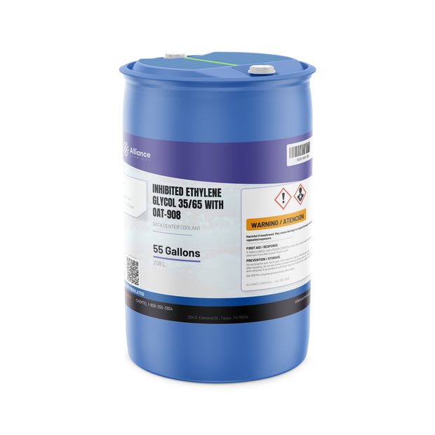 Inhibited Ethylene Glycol 35/65 in a blue 55-gallon drum from Alliance Chemical for data center cooling