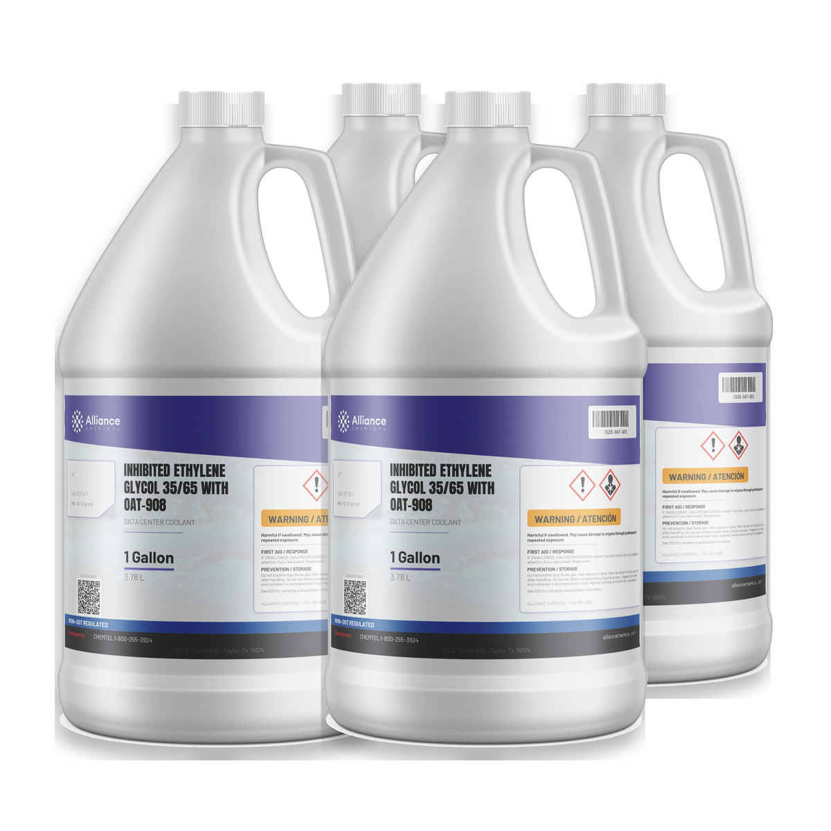 Inhibited Ethylene Glycol 35/65 with OAT-908 in four 1-gallon jugs, Alliance Chemical for data center cooling