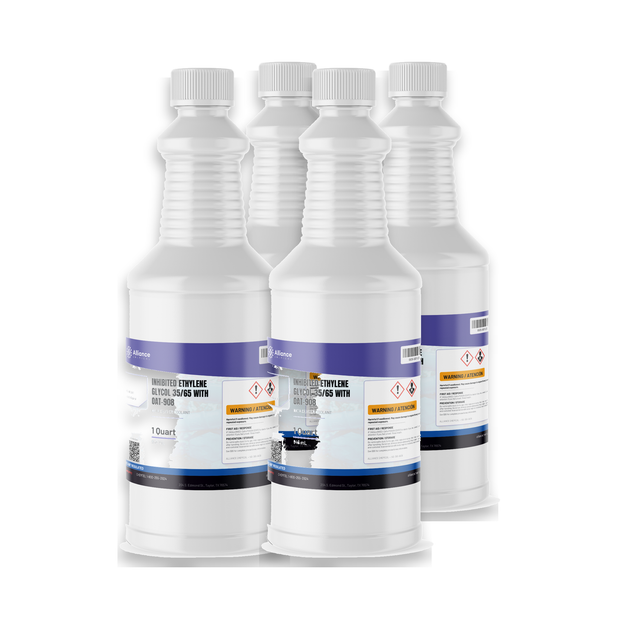 Inhibited Ethylene Glycol 35/65 coolant in four 1-quart white bottles, Alliance Chemical