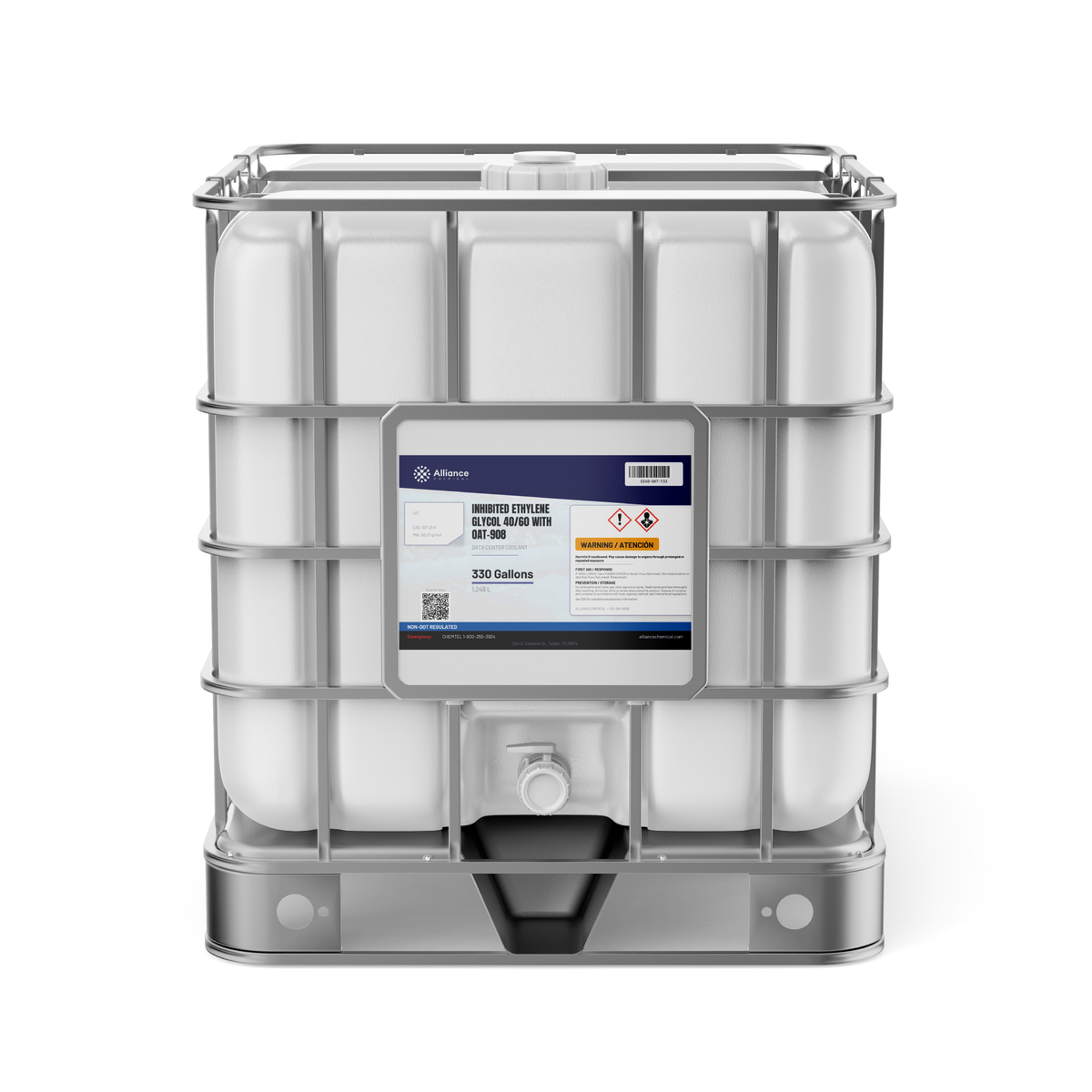Inhibited Ethylene Glycol 40/60 with OAT-908 in a 330-gallon IBC tote from Alliance Chemical for data center cooling