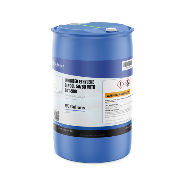 Inhibited Ethylene Glycol 50/50 in a 55-gallon blue drum for data center cooling, Alliance Chemical