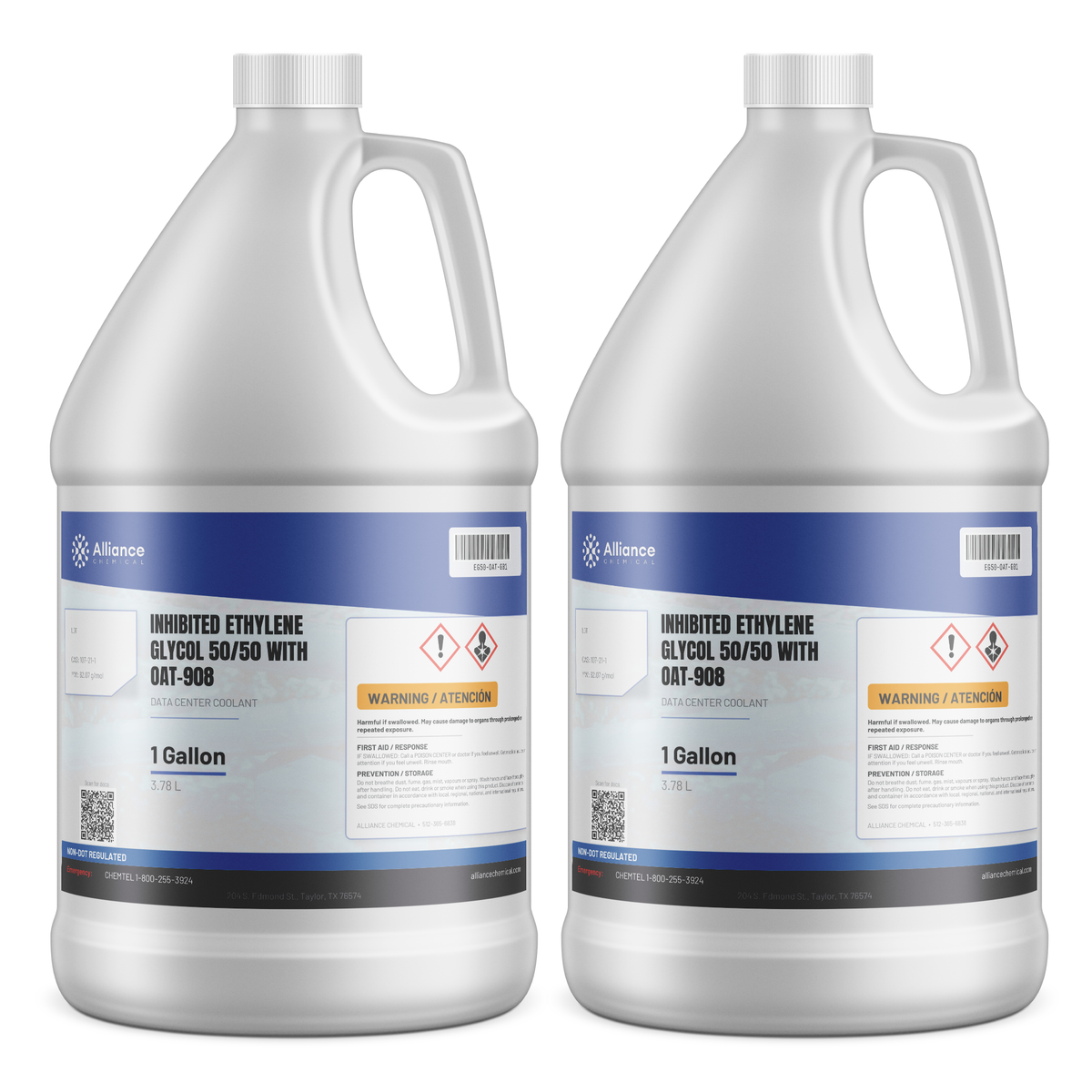 Inhibited Ethylene Glycol 50/50 with OAT-908 in two 1-gallon jugs for data center cooling, Alliance Chemical