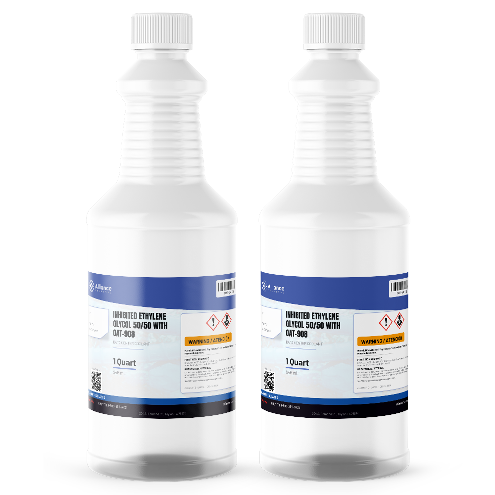 Inhibited Ethylene Glycol 50/50 with OAT-908 in two 1-quart plastic bottles, Alliance Chemical