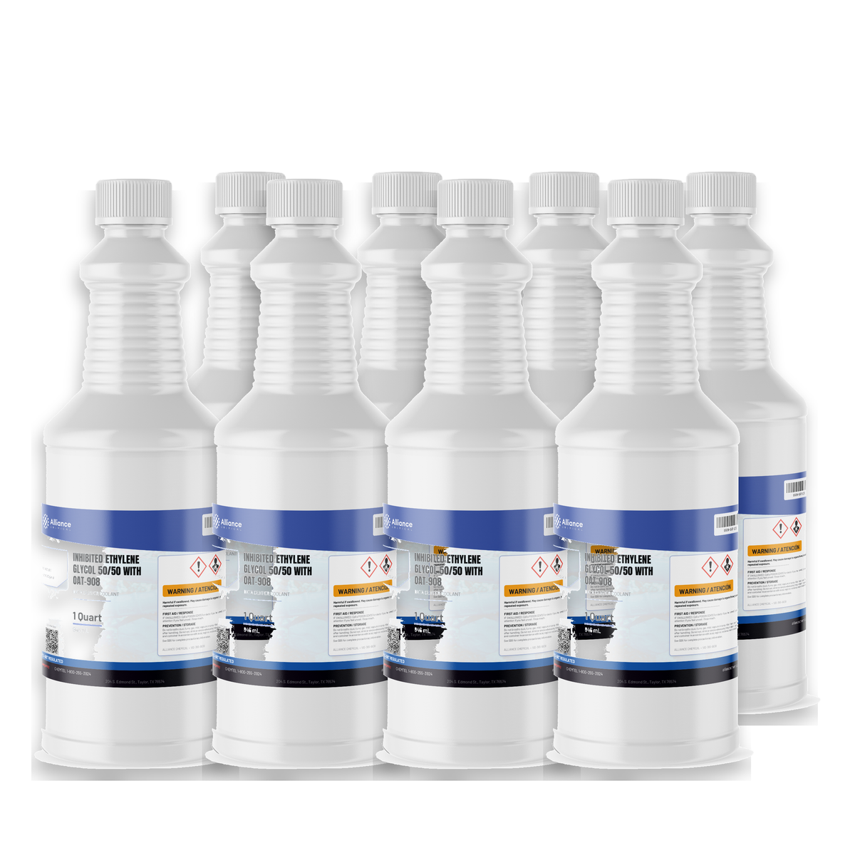 Inhibited Ethylene Glycol 50/50 with OAT-908 coolant in eight 1-quart bottles, Alliance Chemical