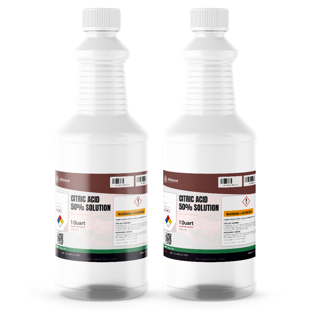 Citric Acid 50% Solution, two 1-quart plastic bottles, Alliance Chemical for boiler and cooling tower descaling