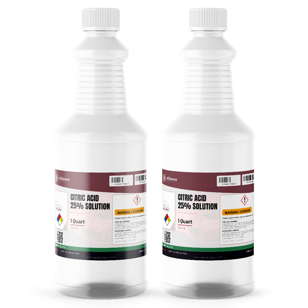 Citric Acid 25% Solution Technical Grade in two 1-quart bottles for rust and scale removal, Alliance Chemical