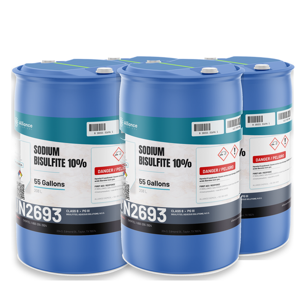Sodium Bisulfite 10% Technical Grade in four blue 55-gallon plastic drums, Alliance Chemical