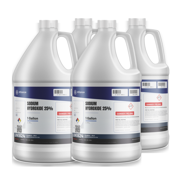 Sodium Hydroxide 25% Technical Grade in a case of four 1-gallon jugs from Alliance Chemical for wastewater neutralization