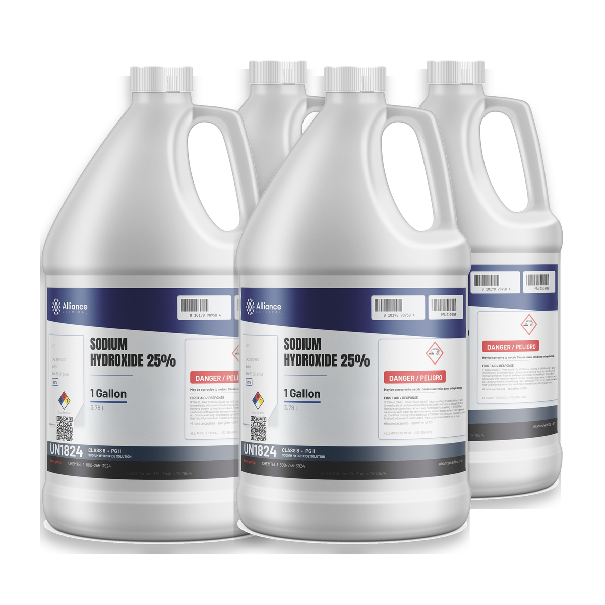Sodium Hydroxide 25% Technical Grade, four 1-gallon plastic jugs for industrial wastewater neutralization, Alliance Chemical