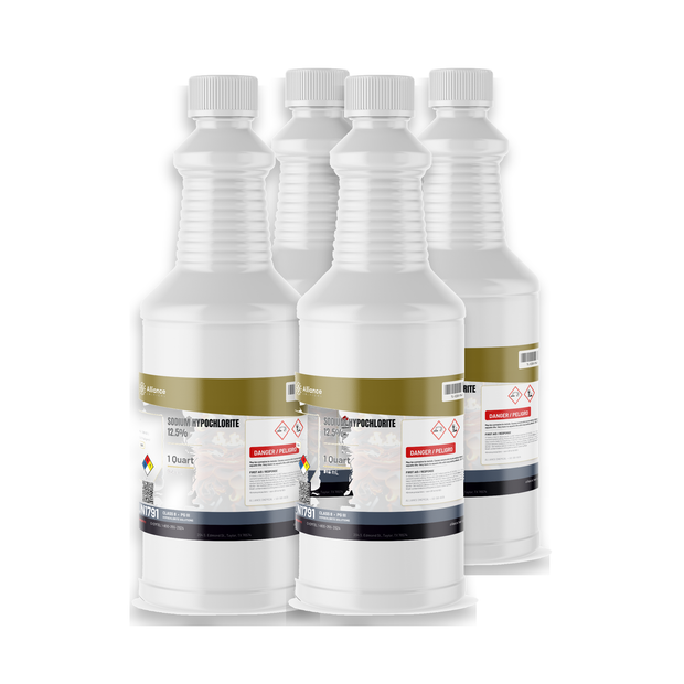 Sodium Hypochlorite 12.5% Water Treatment Grade in four 1-quart plastic bottles, Alliance Chemical