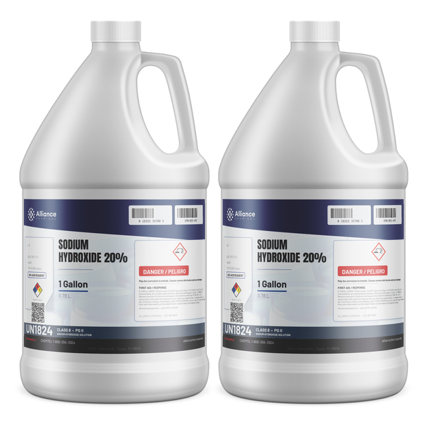 Sodium hydroxide 20% ACS reagent grade in two 1-gallon plastic jugs, Alliance Chemical