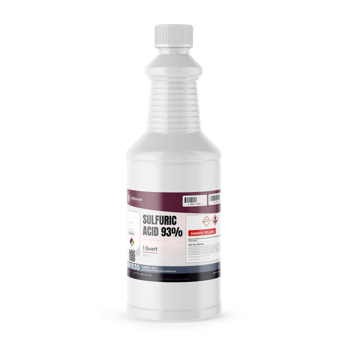 Sulfuric Acid 93% Technical Grade 1-quart white plastic bottle from Alliance Chemical