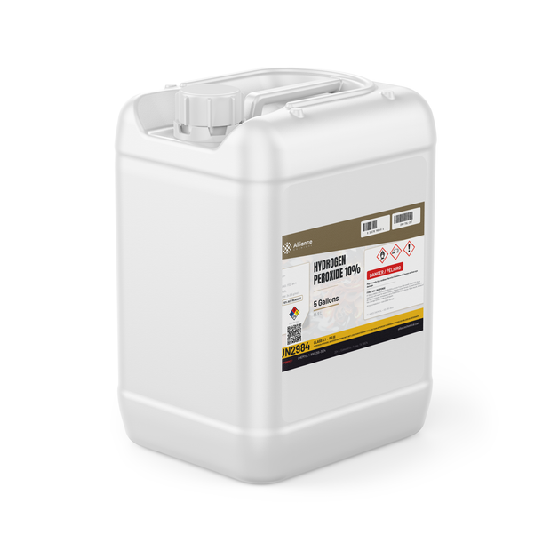 Hydrogen Peroxide 10% ACS Grade in a 5-gallon jerry can from Alliance Chemical for laboratory analysis