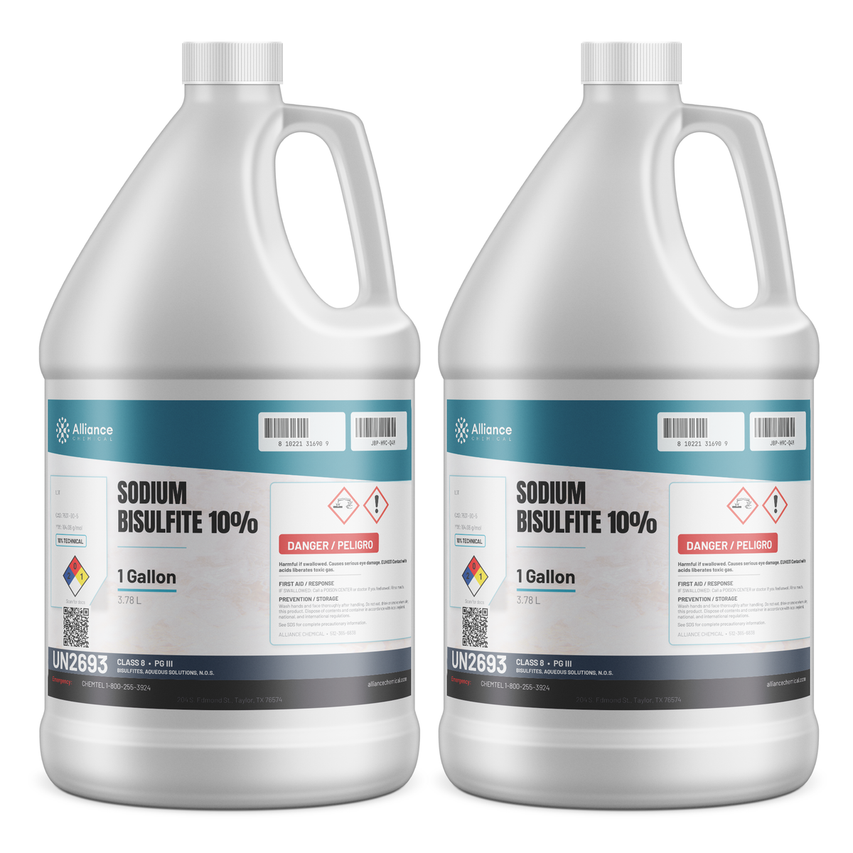 Sodium Bisulfite 10% Technical Grade in two 1-gallon plastic jugs, Alliance Chemical