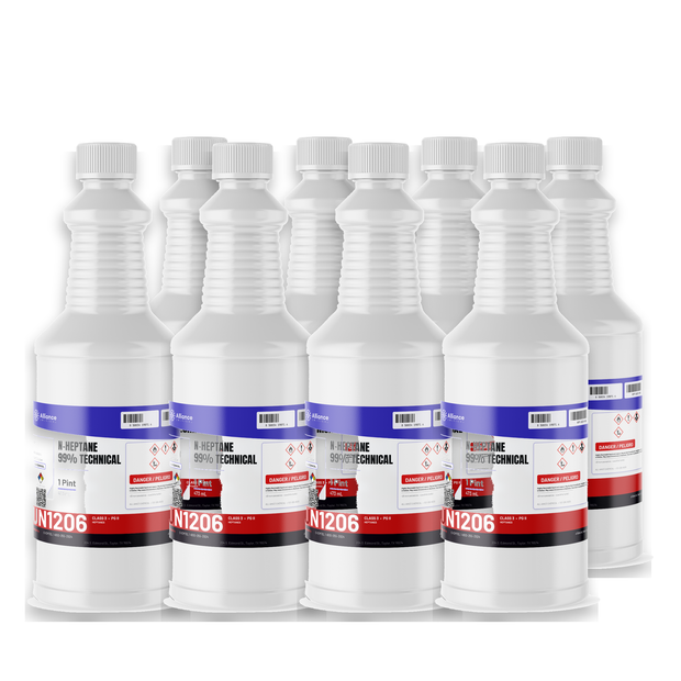 n-Heptane 99% Technical Grade in eight 1-pint bottles for botanical extraction by Alliance Chemical