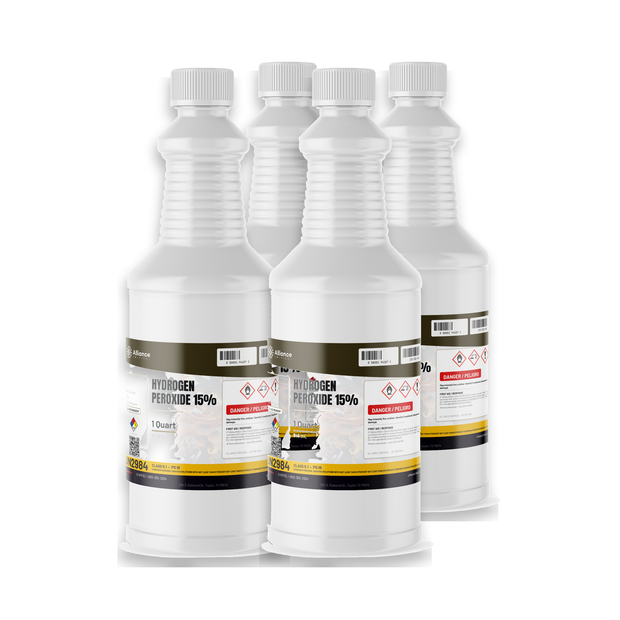 Hydrogen Peroxide 15% ACS Grade in four 1-quart white plastic bottles from Alliance Chemical