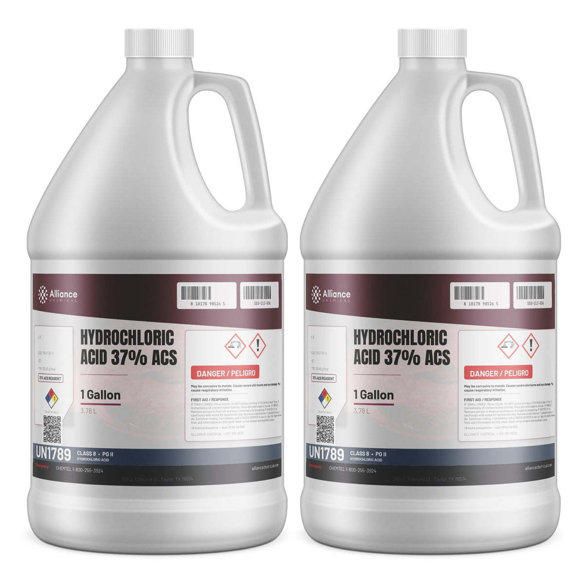 Hydrochloric Acid 37% ACS Reagent Grade in two 1-gallon plastic jugs, Alliance Chemical