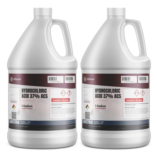 Hydrochloric Acid 37% ACS Reagent Grade in two 1-gallon plastic jugs, Alliance Chemical