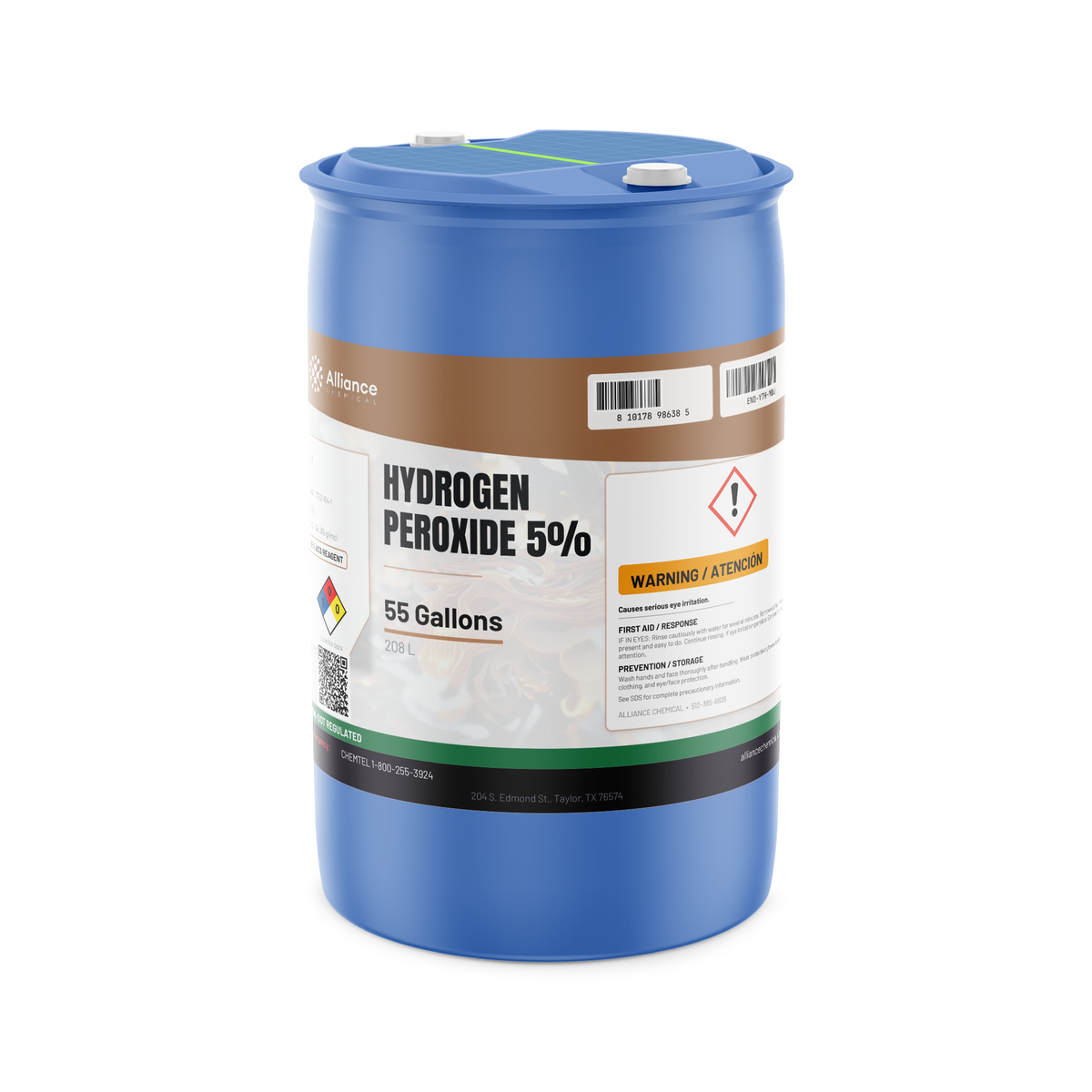 Hydrogen Peroxide 5% ACS Grade in a 55-gallon blue closed-head drum, Alliance Chemical