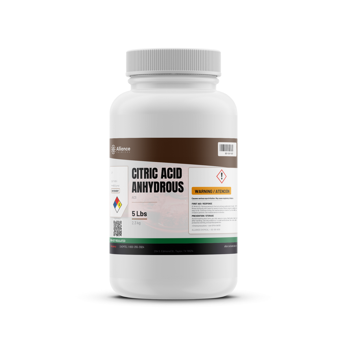Citric Acid Anhydrous ACS Reagent Grade 5 lb white plastic bottle, Alliance Chemical