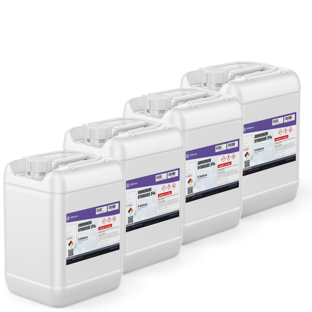 Ammonium Hydroxide 5% Technical Grade in four 5-gallon white plastic pails, Alliance Chemical