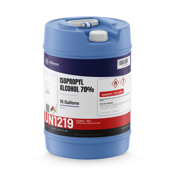 Isopropyl Alcohol 70% USP Grade in a 15-gallon blue carboy, Alliance Chemical for cleaning and surface prep