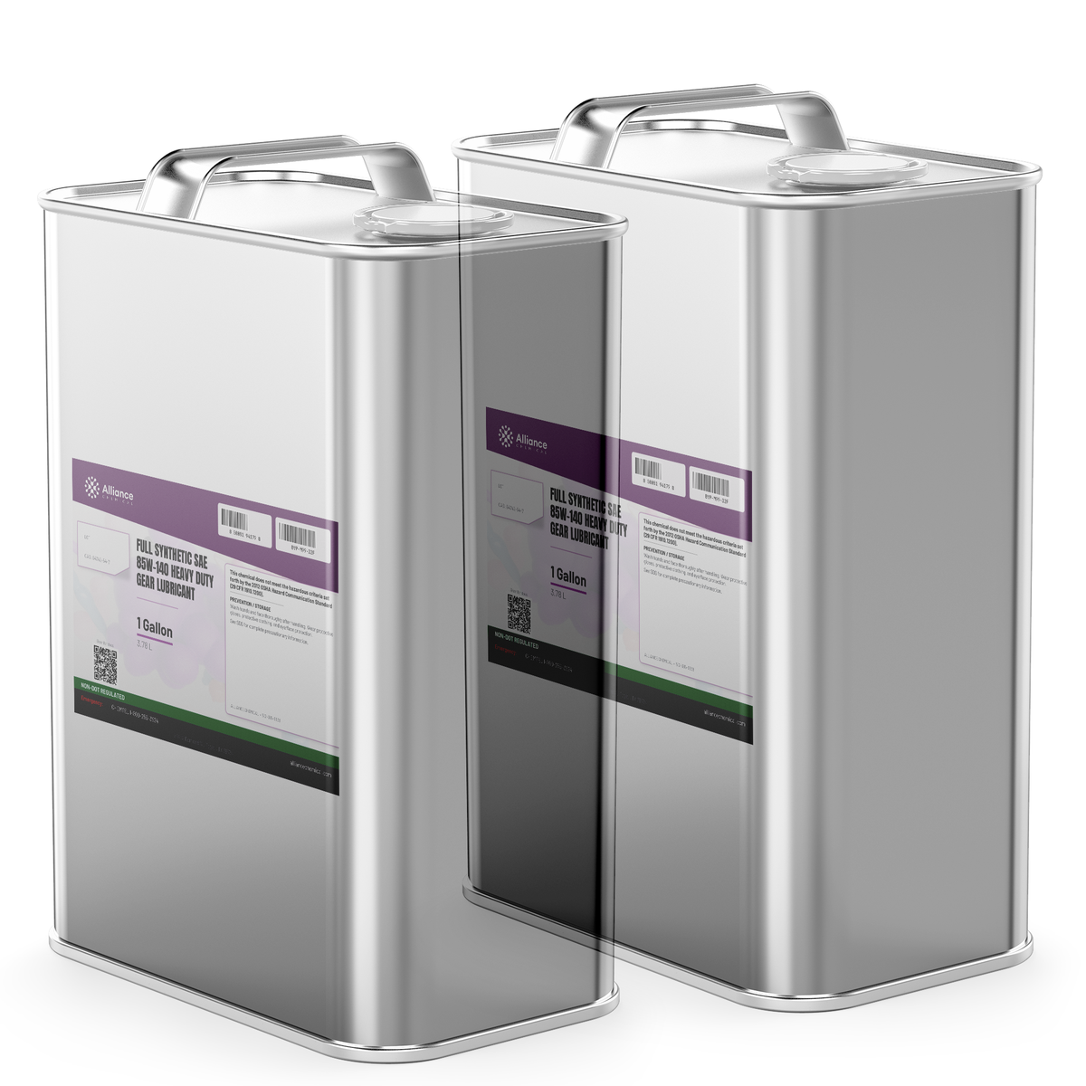 Full Synthetic SAE 85W-140 Heavy Duty Gear Lubricant in two 1-gallon metal cans, Alliance Chemical