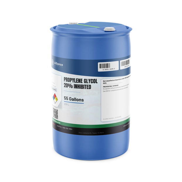 Propylene Glycol 20% Inhibited in a blue 55-gallon drum, Alliance Chemical for HVAC and mechanical systems