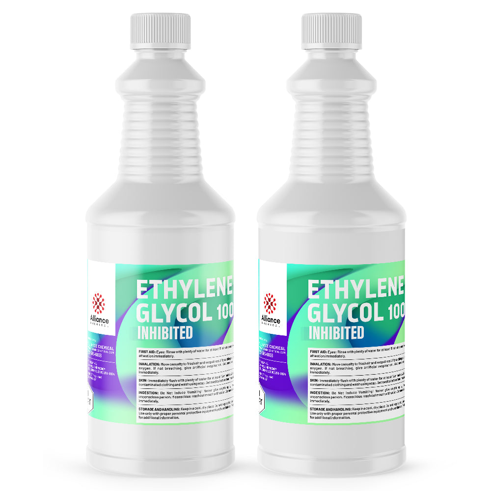 Two 1-quart HDPE bottles of Ethylene Glycol 100 Inhibited with white ribbed caps, green-purple gradient labels, and Alliance Chemical safety symbols.