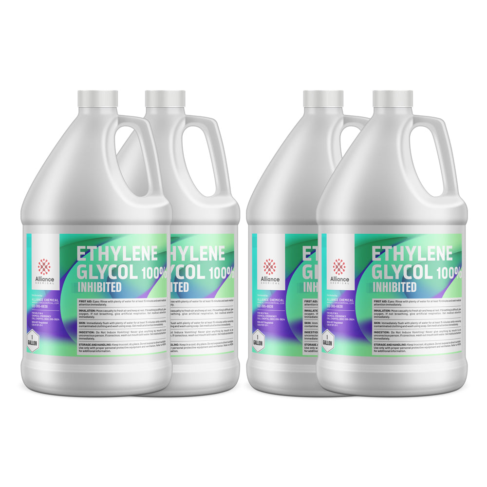 4-gallon set of Ethylene Glycol 100% Inhibited in white HDPE jugs with safety labels, green/purple gradient branding, and Alliance Chemical logo.