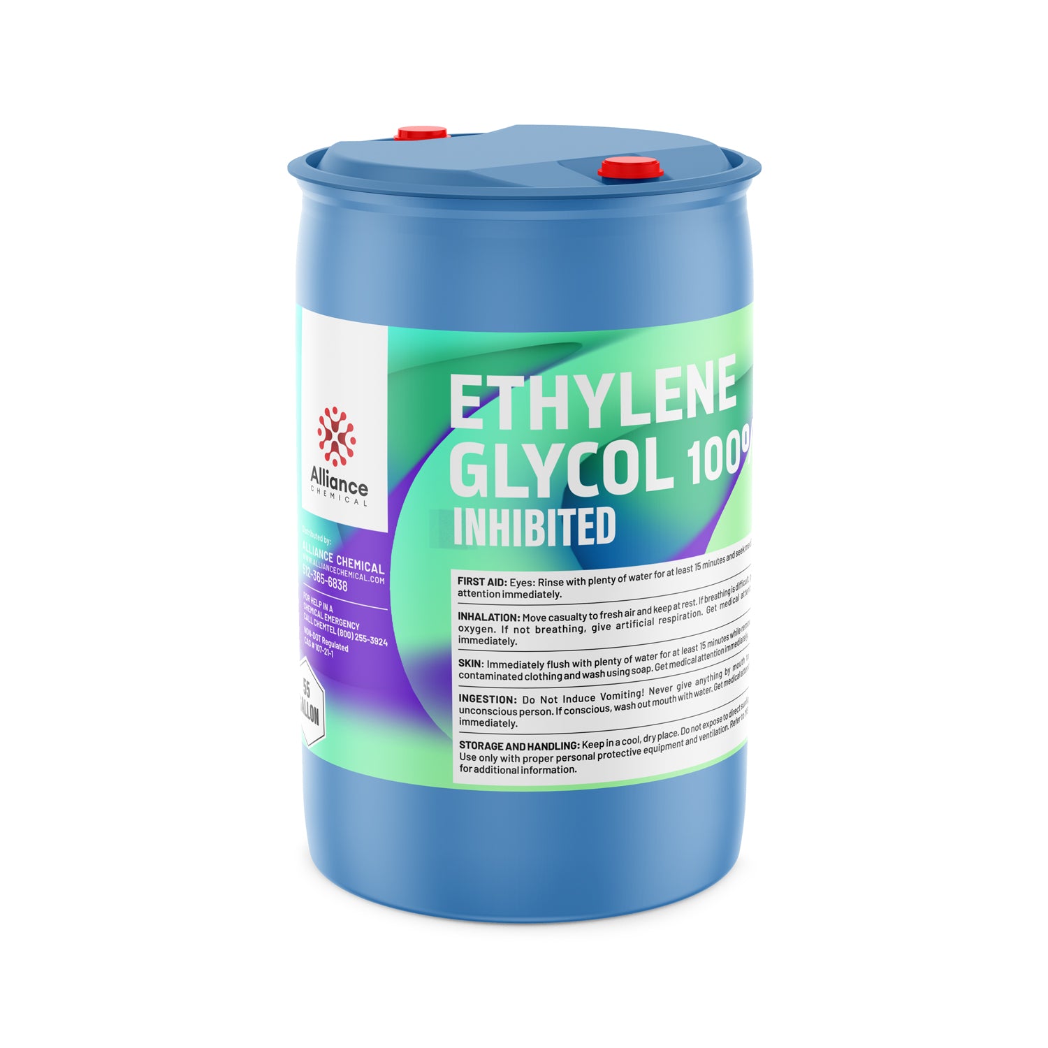 55-gallon blue drum of Ethylene Glycol 100% Inhibited by Alliance Chemical, featuring first aid instructions and storage guidelines on label.