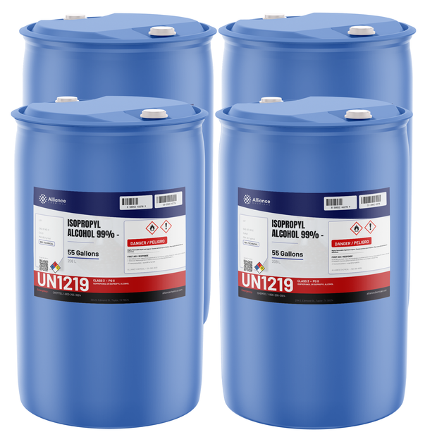 Isopropyl Alcohol 99% Technical Grade in four 55-gallon blue drums, Alliance Chemical, for precision cleaning and surface prep